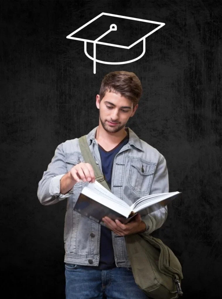 Student czytający książkę z ikoną biretu nad głową